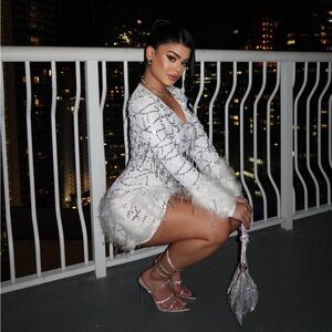 Sequin faux fur mini dress - white